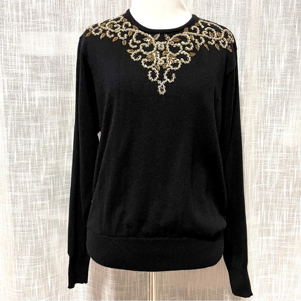 Vintage Liz Claiborne Lambswool Blend Knit Sweater S Black Beaded Old Money Glam